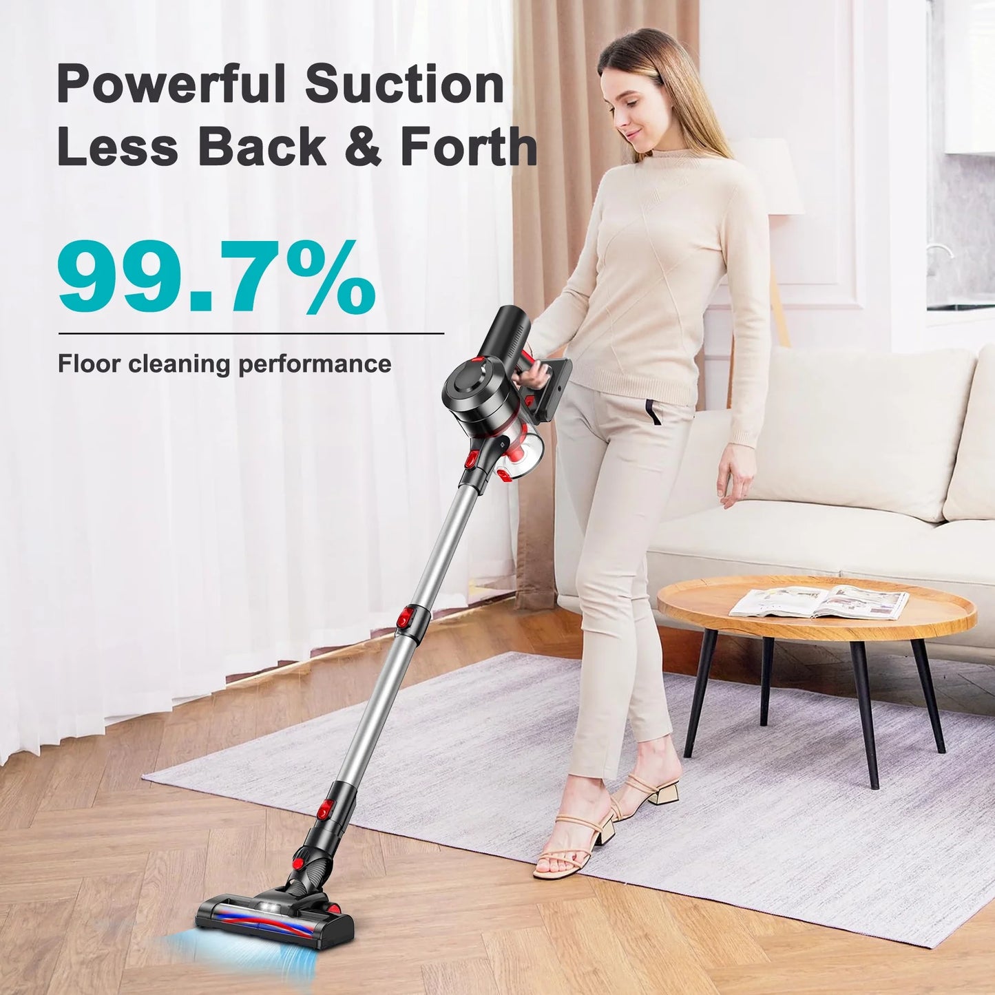 Rechargeable vacuum cleaner with 60 minutes maximum run time and 30Kpa maximum suction power for household carpets, hardwood floors and pet hair.