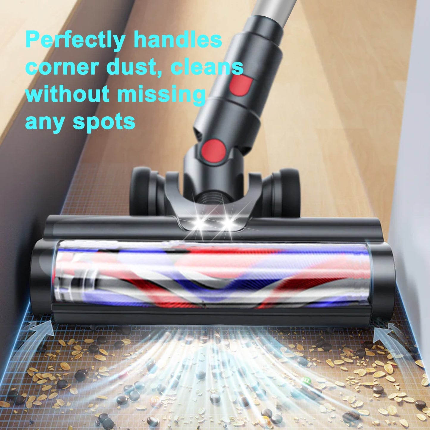 Rechargeable vacuum cleaner with 60 minutes maximum run time and 30Kpa maximum suction power for household carpets, hardwood floors and pet hair.