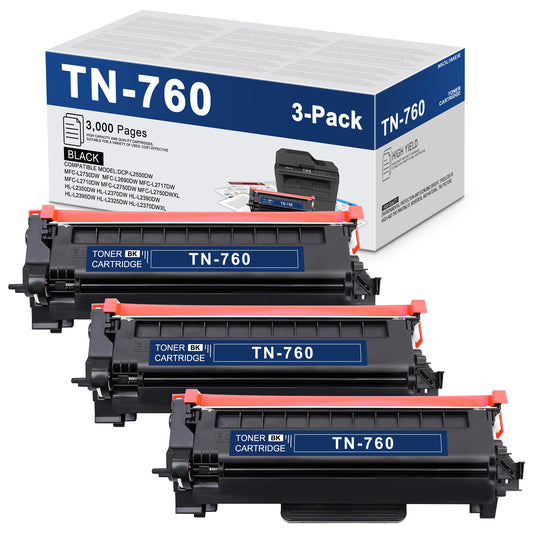 3 Pack Black TN760 Toner Cartridge Replacement for Brother HL-L2390DW Printer Ink (Total 9000 Pages)