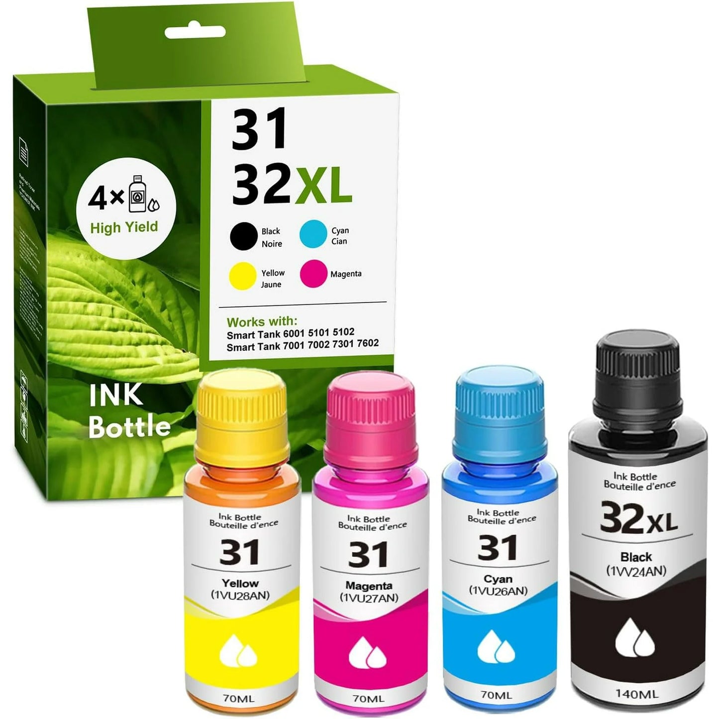 32XL/31 Black Cyan Yellow Magenta High Yield Ink Refills 4/Pack - 1VV24AN 1VU26AN 1VU27AN 1VU28AN Replacement for HP 31 32XL for Smart Tank 5101 5102 6001 7001 7002 7301 7602 Plus 651 551 Ink Tank