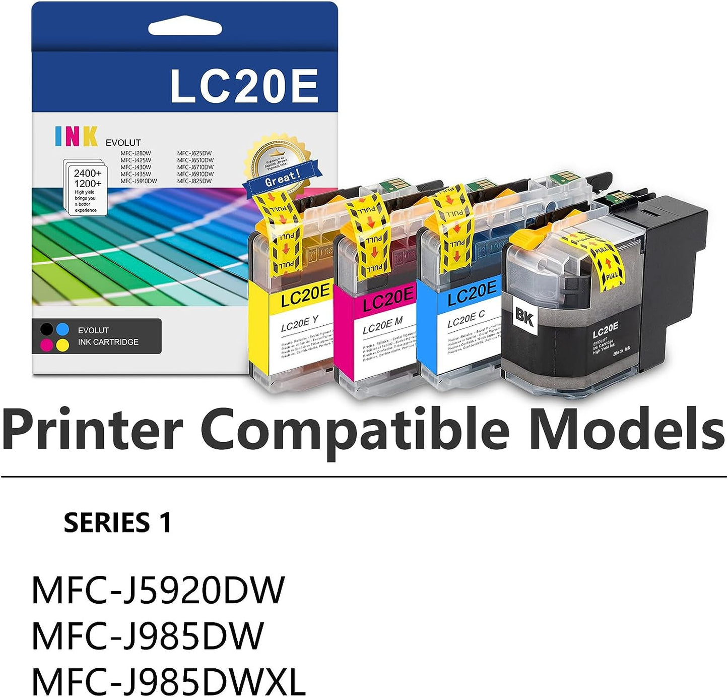 LC20E High Yield Ink Cartridge (4-Pack, 1BK/1C/1M/1Y) - LC20EBK LC20EC LC20EM LC20EY Ink Cartridge Replacement for Brother LC20E MFC-J5920DW MFC-J985DW MFC-J985DWXL Printer