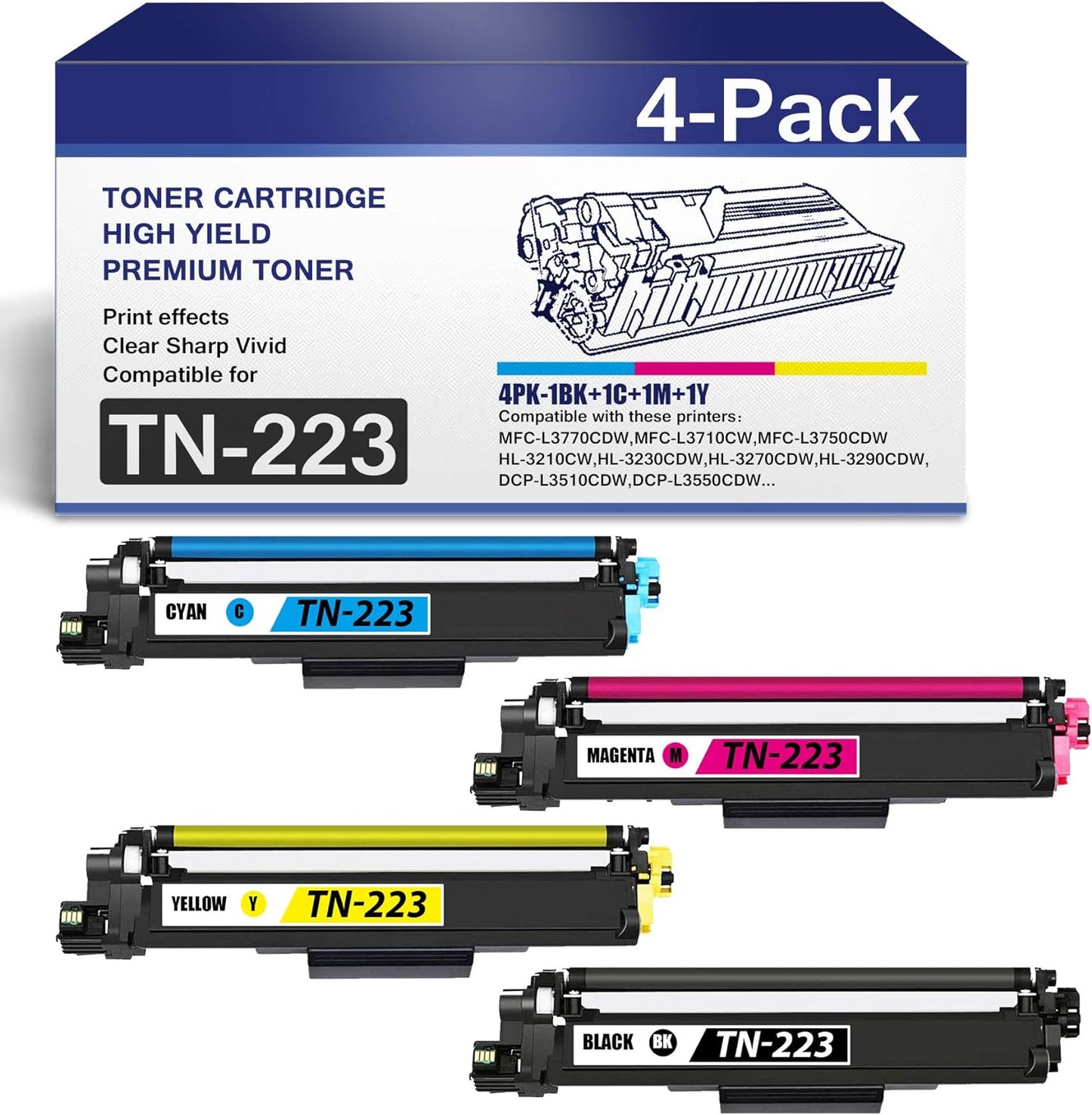 4PK (1BK+1C+1M+1Y) TN223BK TN223C TN223M TN33Y TN223 Toner Cartridge TN-223 Replacement for Brother MFC-L3770CDW L3710CW HL-3210CW 3230CDW DCP-L3510CDW L3550CDW Printers Ink Cartridge., Black