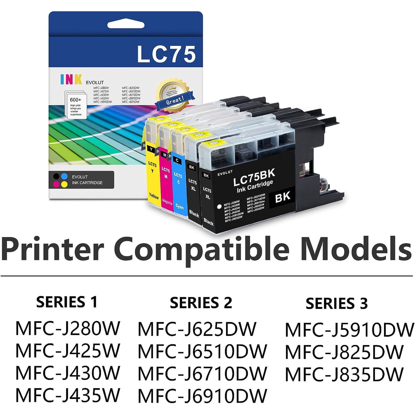 LC75 High Yield Ink Cartridge (5-Pack, 2BK/1C/1M/1Y) - LC75BK LC75C LC75M LC75Y Ink Cartridge Replacement for Brother LC75 MFC-J280W MFC-J425W MFC-J430w MFC-J435W Printer