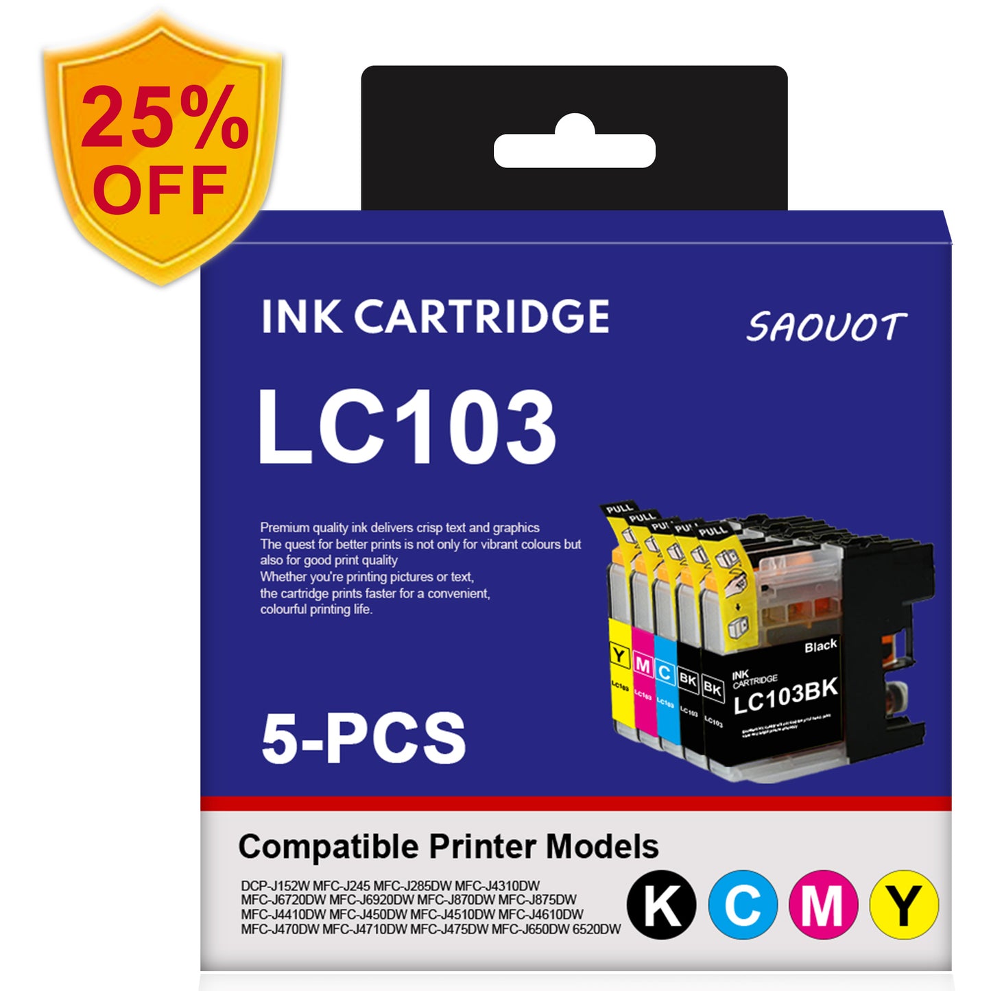 LC103XL Ink Cartridge Replacement for Brother MFC-J870DW Printers 5-Pack (2BK/C/M/Y)