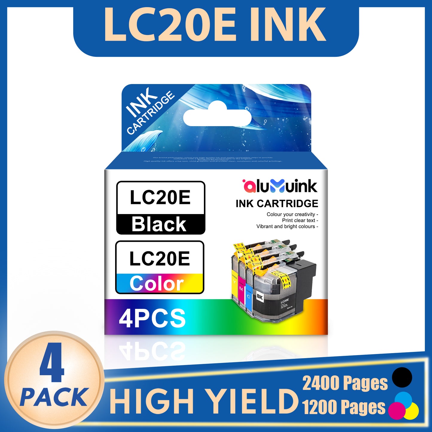 LC20E Ink cartridges Compatible for Brother LC20E ink for Brother MFC-J985DW MFC-J775DW Printer (1 Black, 1 Cyan, 1 Magenta, 1 Yellow, 4 Pack)