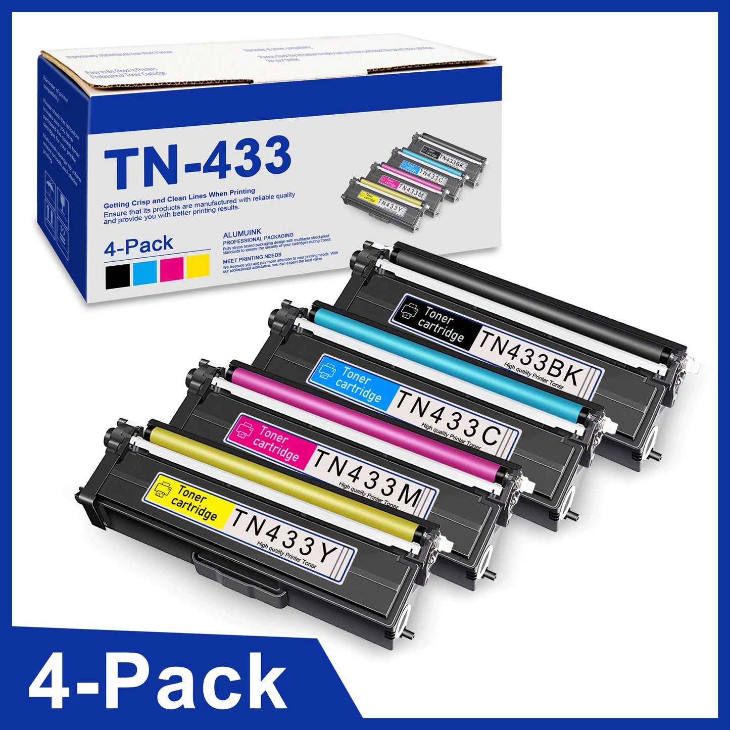 TN-433 High Yield Toner Cartridge, 4 Pack Black Cyan Yellow Magenta Replacement for Brother TN433 High Yield Toner Cartridges TN433 MFC-L8900CDW Printer