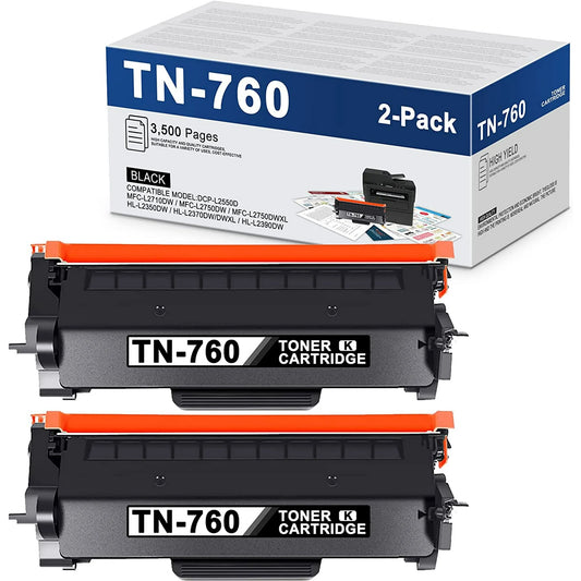 TN-760 TN760 High Yield Toner Cartridge 2 Pack Black Replacement for Brother HL-L2390DW HL-L2395DW MFC-L2710DW HL-L2350DW Printer Cartridge