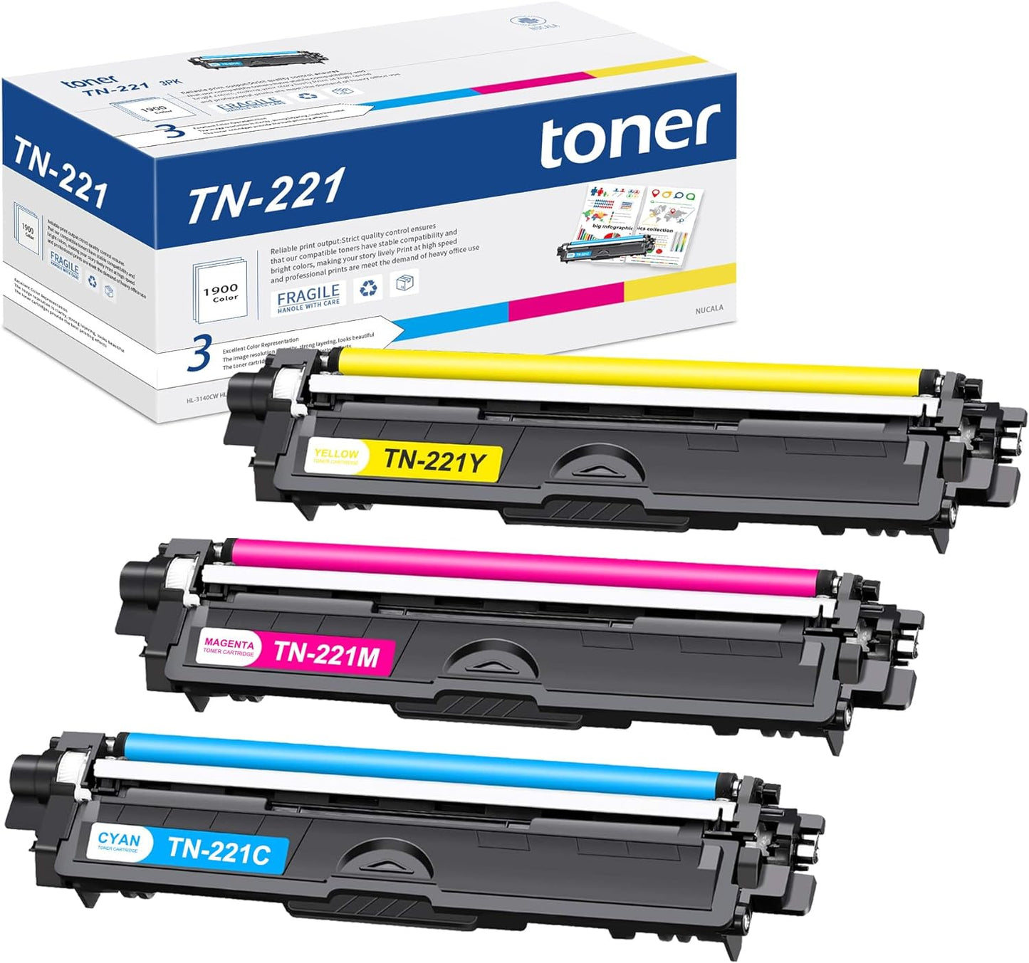 TN221 3PK Cyan, Magenta & Yellow Toner Replacement for Brother TN221C TN221M TN221Y TN225 Toner for MFC-9340CDW MFC-9130CW Printer