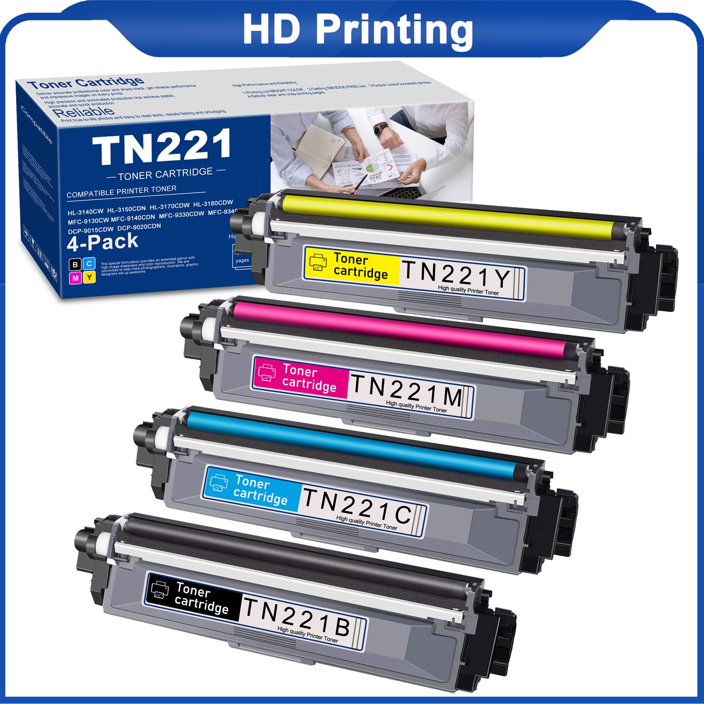 TN221 TN 221 Toner Cartridge Replacement for Brother TN221 HL-3150CW HL-3140CW HL-3170CDW HL-3180CDW MFC-9130CW MFC-9330CDW MFC-9340CDW Black Cyan Magenta Yellow 4 Pack TN-221