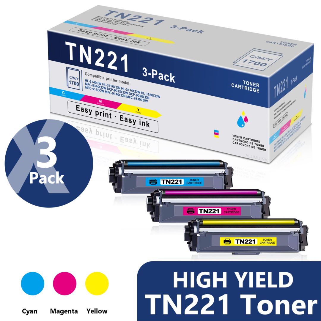 TN221 Toner Cartridge Replacement for Brother MFC-9340CDW Printer (3 Pack, 1C/1M/1Y)