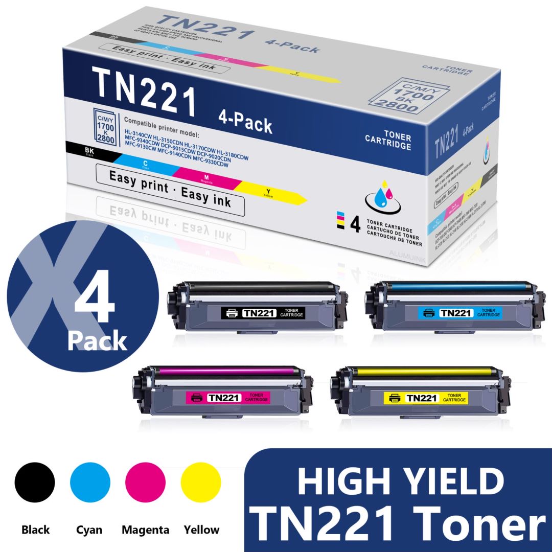 TN221 Toner Cartridge Replacement for Brother MFC-9340CDW Printer (4 Pack, 1BK/1C/1M/1Y)