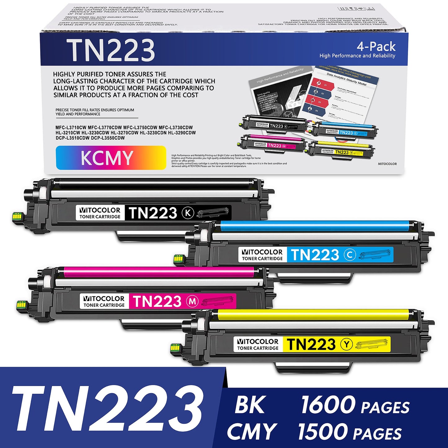 TN223 Black Cyan Magenta Yellow 4 Pack Toner Cartridge High Yield Replacement for Brother TN-223 HL-3270CDW Printer