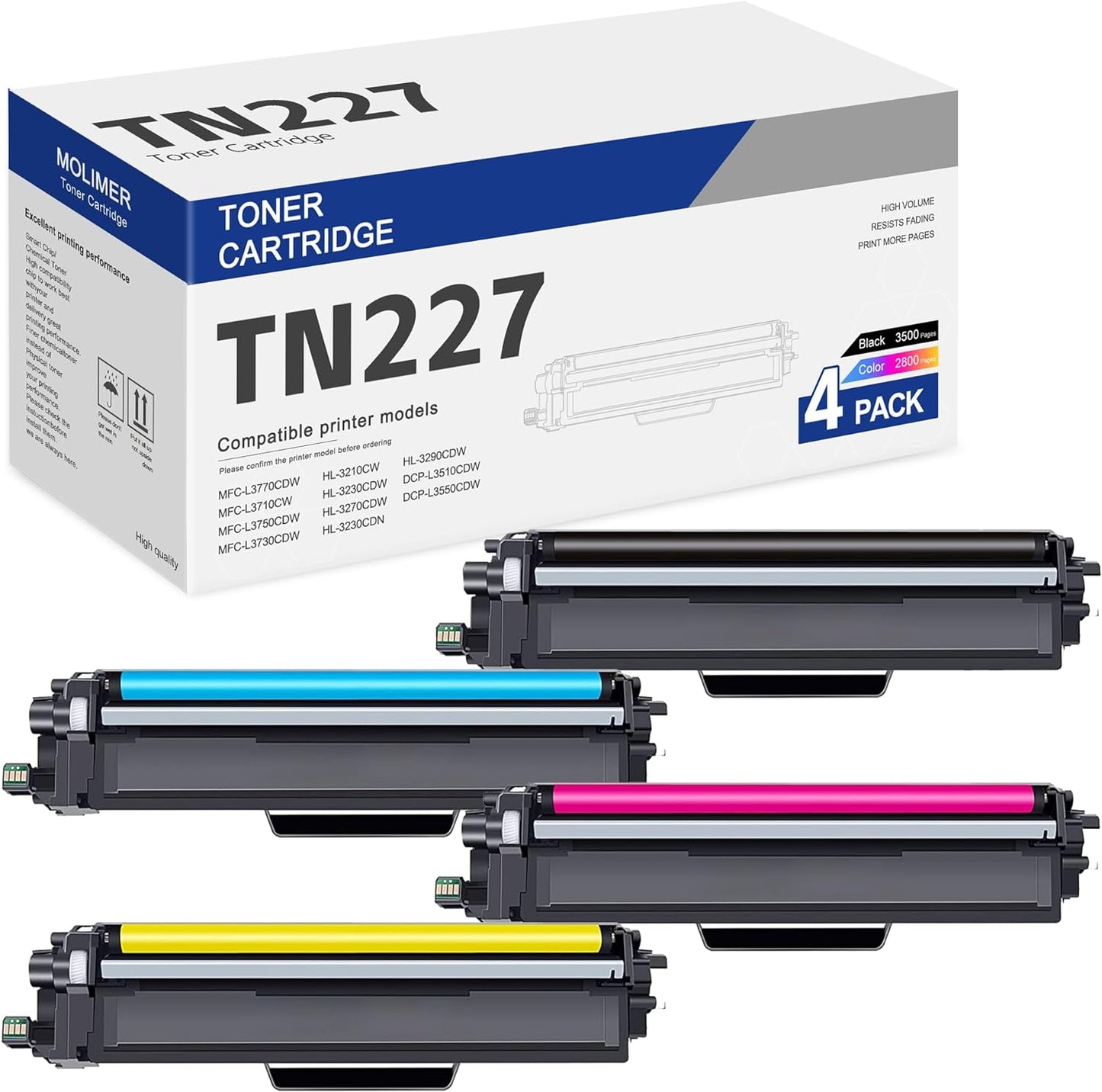 TN227 High Yield 4-Color Toner Cartridge Set, Black Cyan Magenta Yellow, Replacement for Brother MFC-L3770CDW HL-L3290CDW MFC-L3750CDW MFC-L3710CW HL-L3270CDW Printer (TN-227BK/C/M/Y)