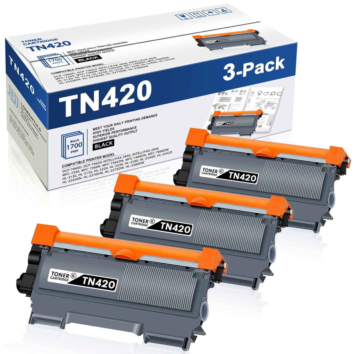 TN420 TN-420 Toner Cartridge Compatible for Brother TN420 TN-420 TN450 HL-2280DW HL-2270DW DCP-7065DN MFC-7860DW HL-2240D DCP-7060D MFC-7240 High Yield (3 Black)