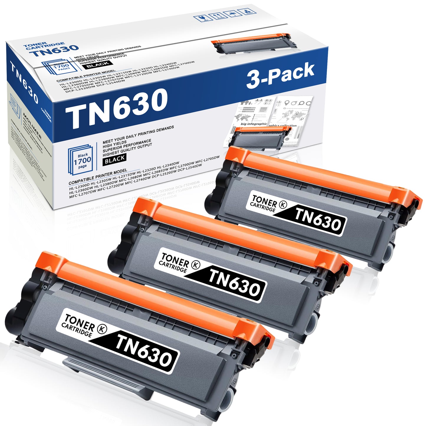 TN630 TN 630 Toner Cartridge Black Compatible for Brother TN630 HL-L2380DW DCP-L2540DW MFC-L2740DW Printer Toner (3 Pack)