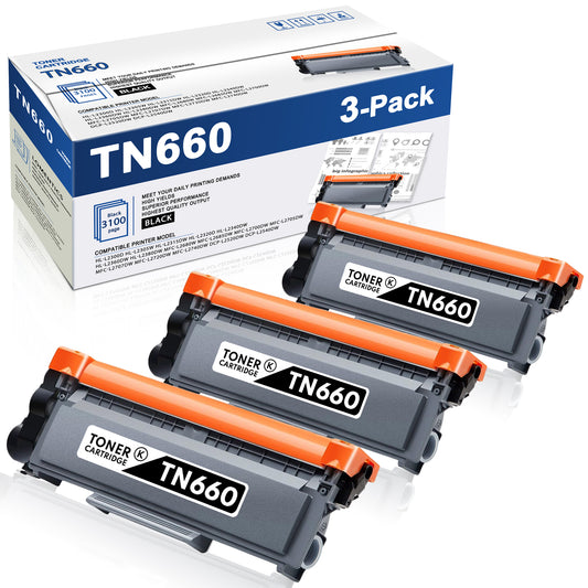 TN660 Toner Cartridge (3 Pack): Compatible Replacement for Brother TN660 Black Toner Cartridge for HL-L2320D HL-L2340DW MFC-L2707DW MFC-L2720DW Printer