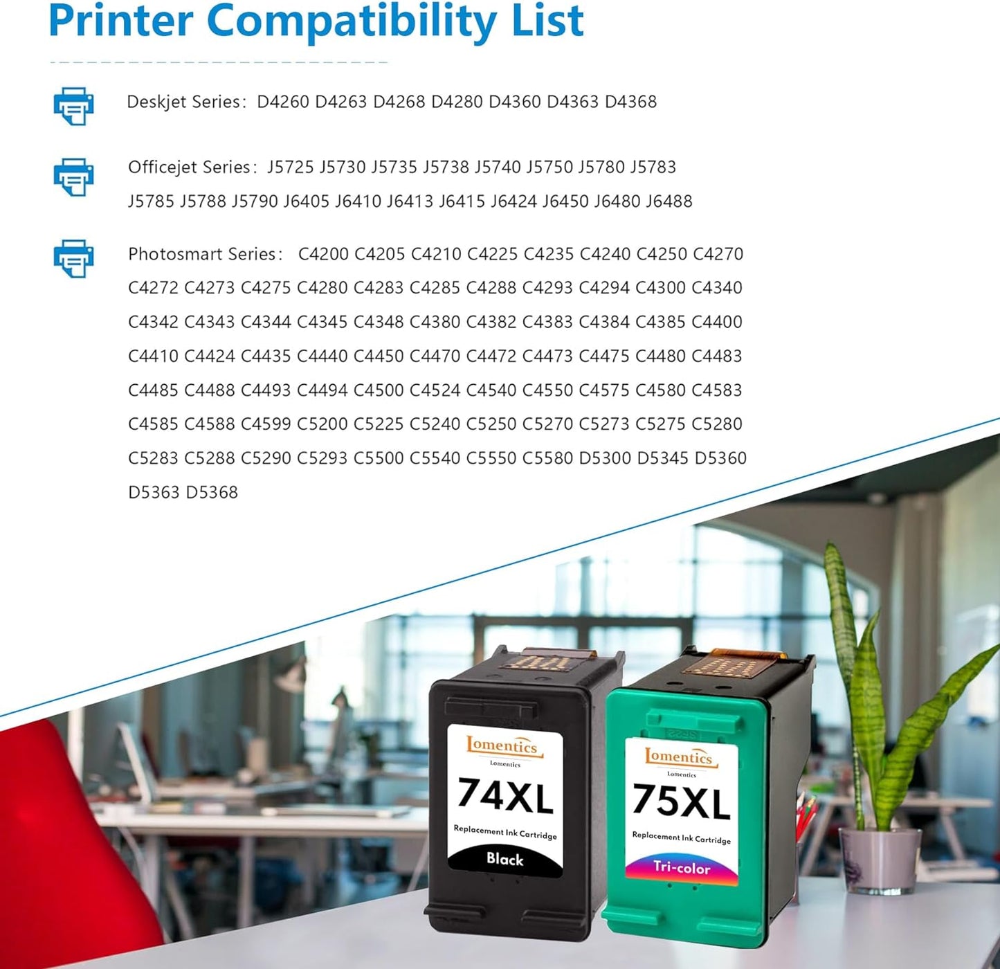 74XL 75XL Ink Cartridges (2 Pack,Bk/Tri-Color) - Replacement for HP 74 75 Ink Cartridge for D4260 D4263 D4268 J5725 J5730 J5735