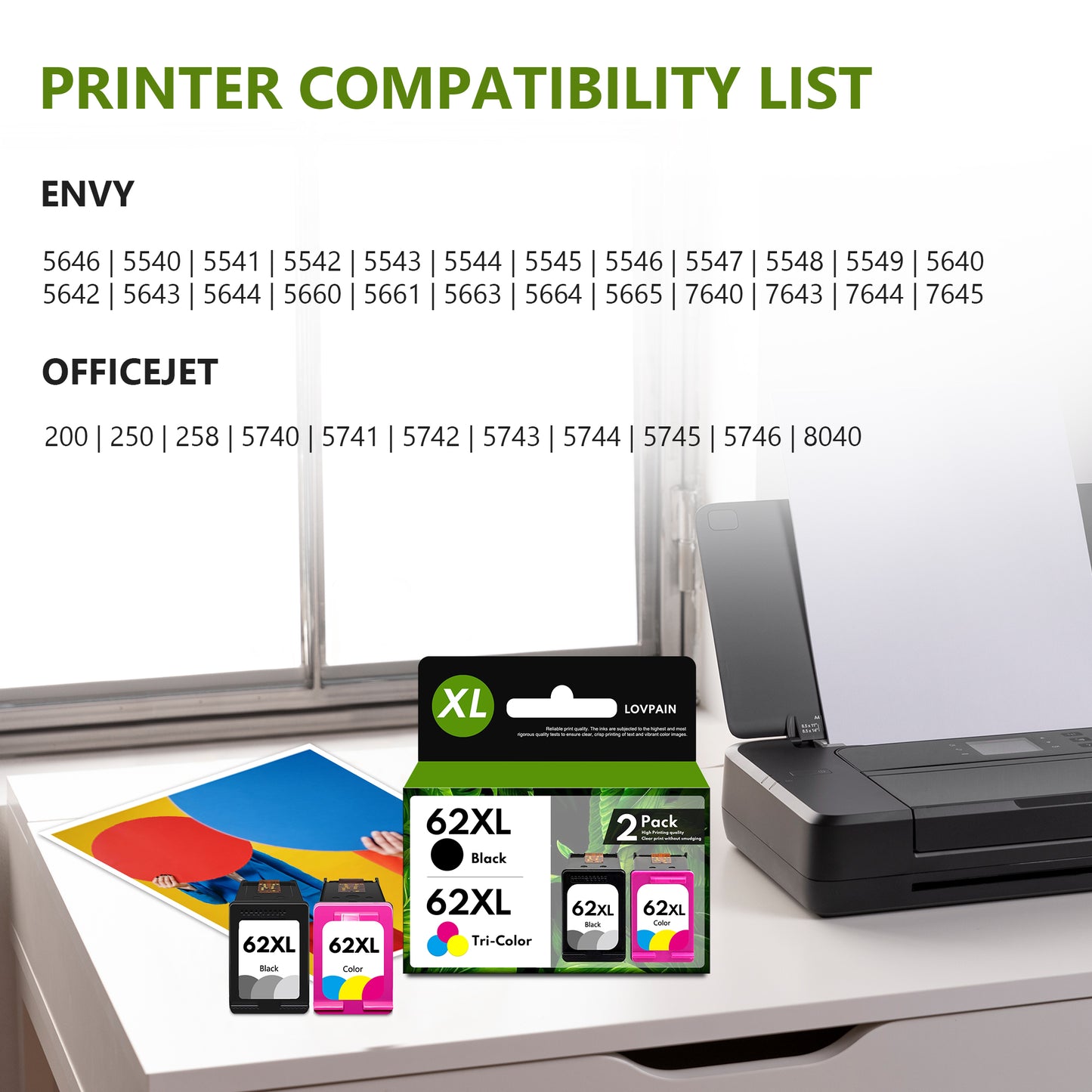 62XL Ink Cartridge Combo Pack Black/Tri-color Replacement for HP 62XL for Envy 7640 5540 5642 5660 OfficeJet 250 5740 8040 Printer(2-Pack)