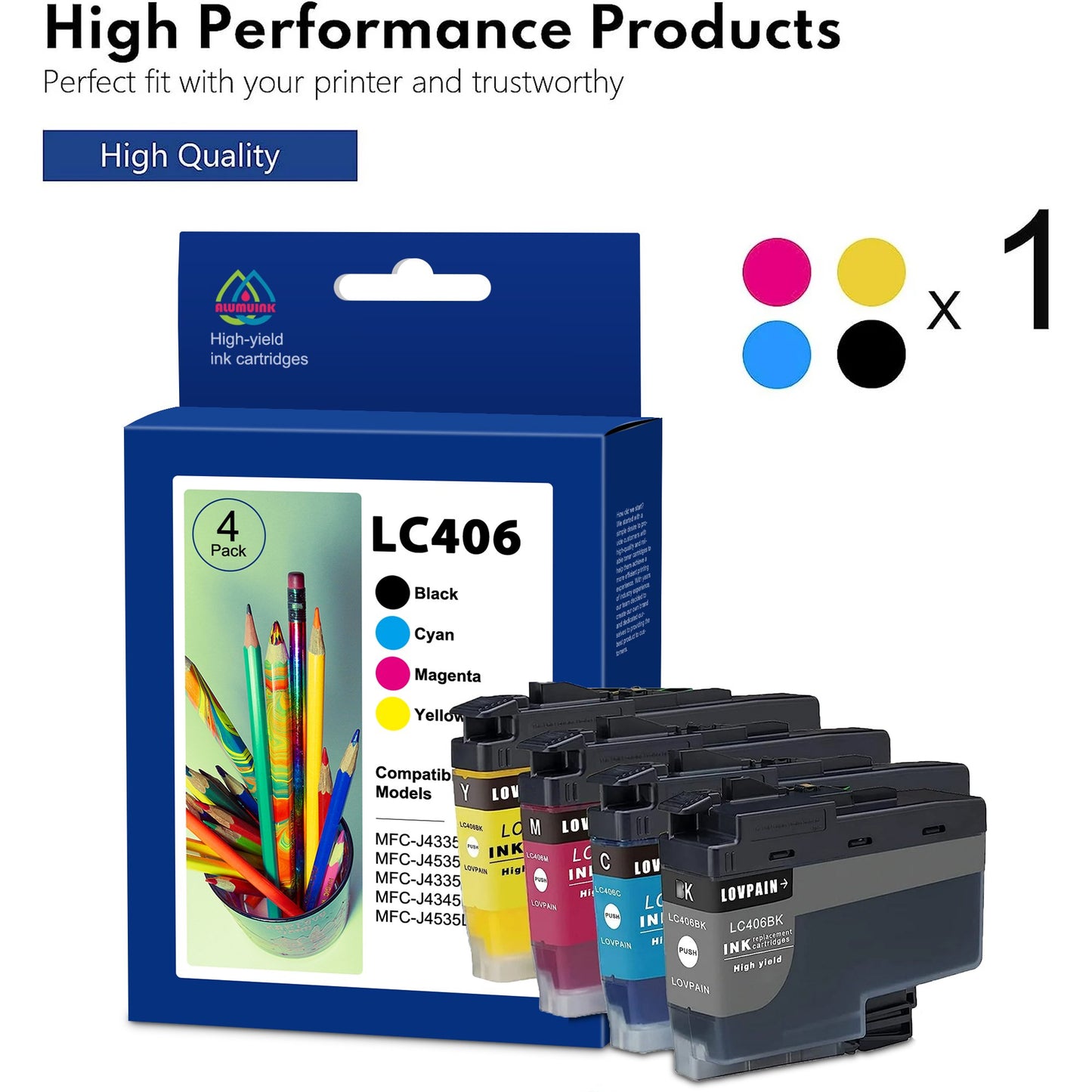 LC406 Replacement Kit for Brother Ink MFC-J4335DW Printer (BK M Y C Total 4 Pack)