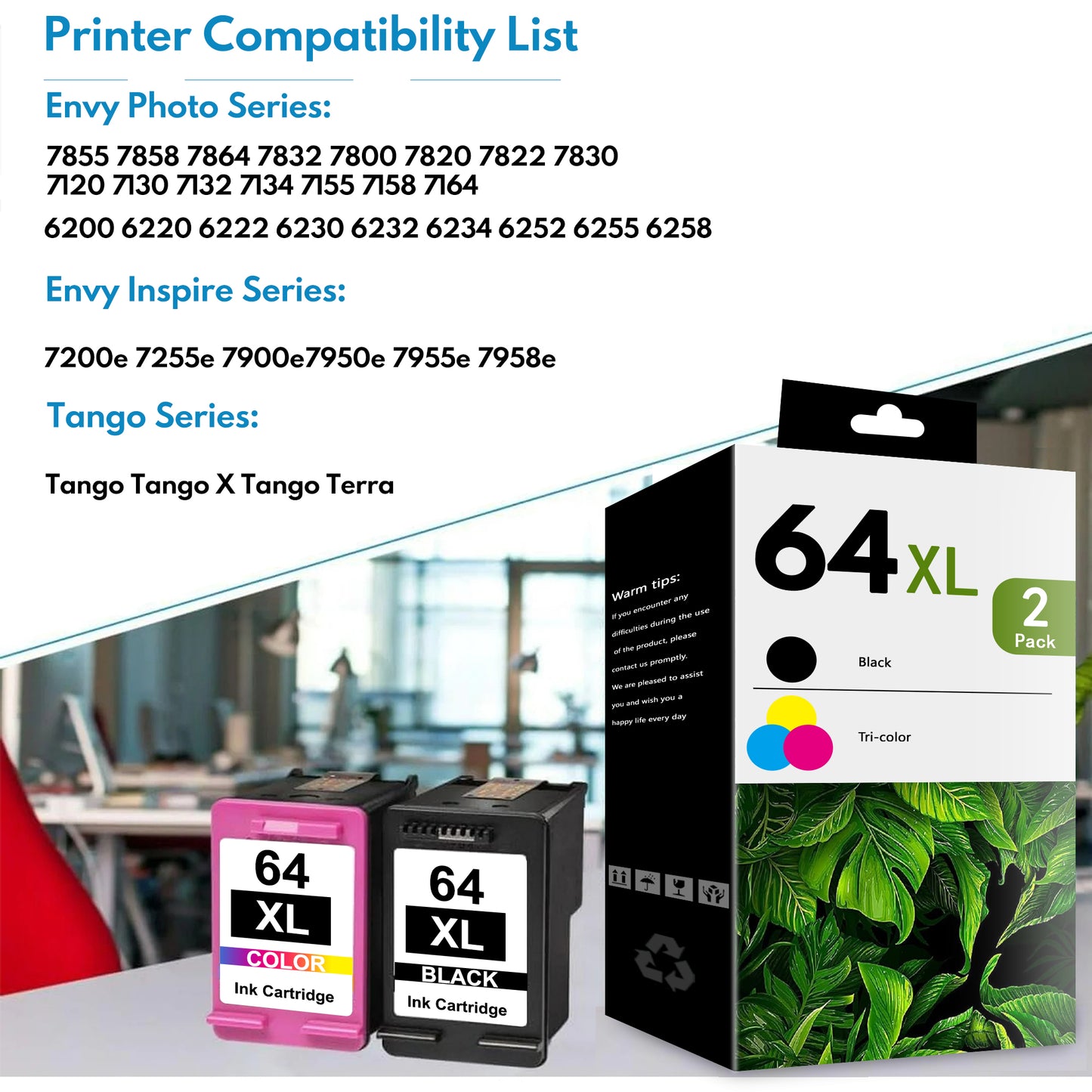 64XL Ink Cartridges Black/Tri-Color Replacement for HP 64 Ink for Envy Photo 7858 Envy Inspire 7255e Printer（2Pack）